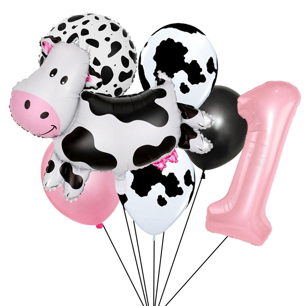 7pcs Cartoon Cow Balloon Pink Digital Balloon Set Baptismal Supplies Children's Gifts Birthday Party Decoration Photography Prop