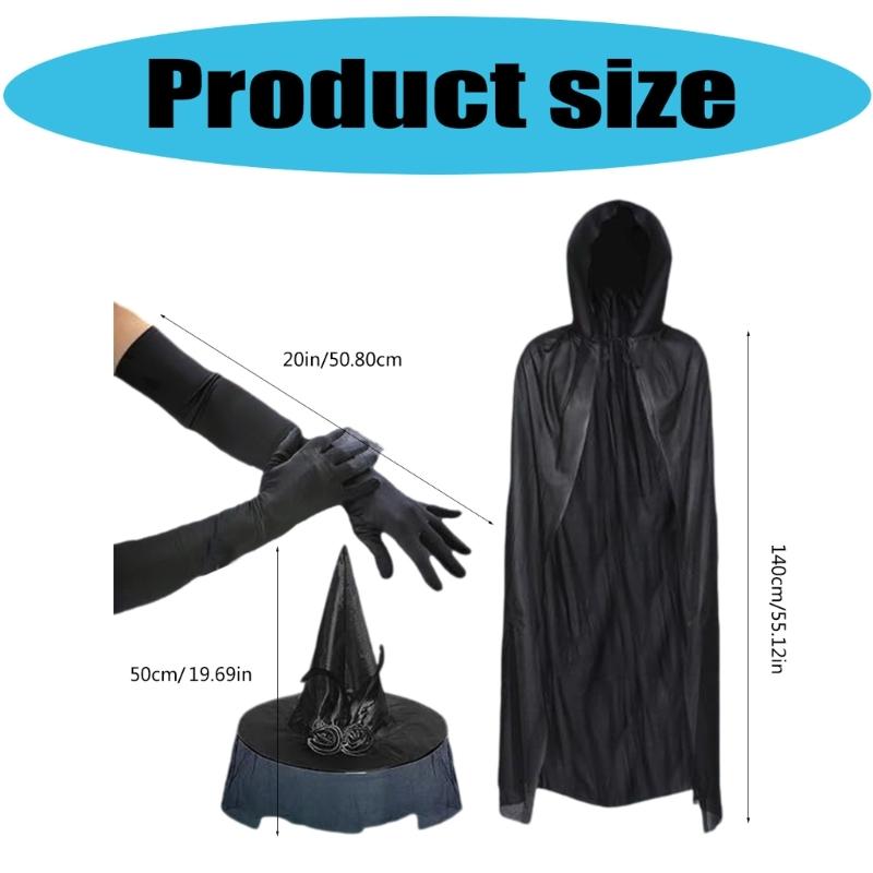 Women Costume Feathered Witch Hat Witch Hooded Cape Long Gloves for Halloween Masquerade Cosplay Adult Halloween Costume