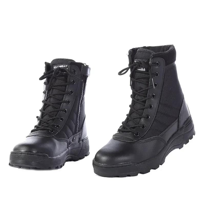 Men's Outdoor High-top Leather Boots Tactical Military shoe Black Thick-soled Lightweight Wear-resistant no slip Hiking footwear