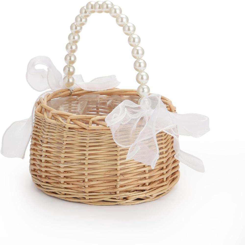 Elegant Wedding Flower Girl Basket with Pearl Handle and Ribbon Bow, Bowknot Satin Flower Basket for wedding, Rustic Handwoven Wicker Flower,  (1PCS)