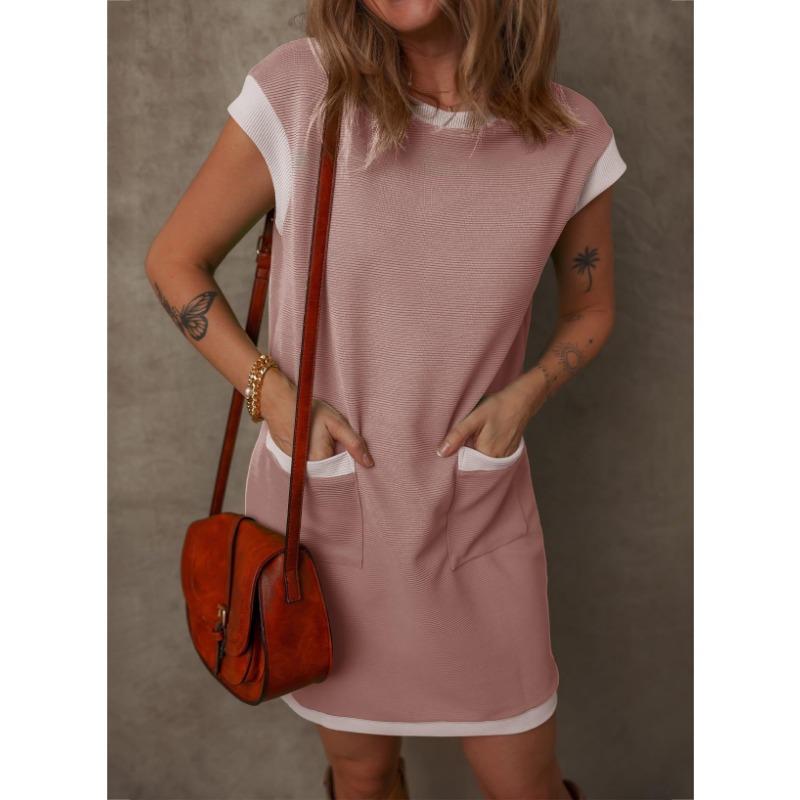 YYFS Dámská móda Léto Jaro Jednobarevný potisk Neformální šaty s krátkým rukávem a výstřihem do O s volným pasem