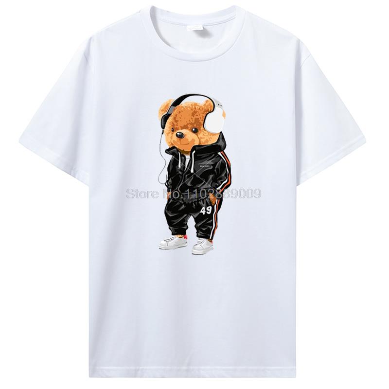 Teddy Bear Playing Badminton Tshirt Men's Clothing Tops Graphics Kawaii Shirt T Shirts For Men Cotton T-shirt Streetwear