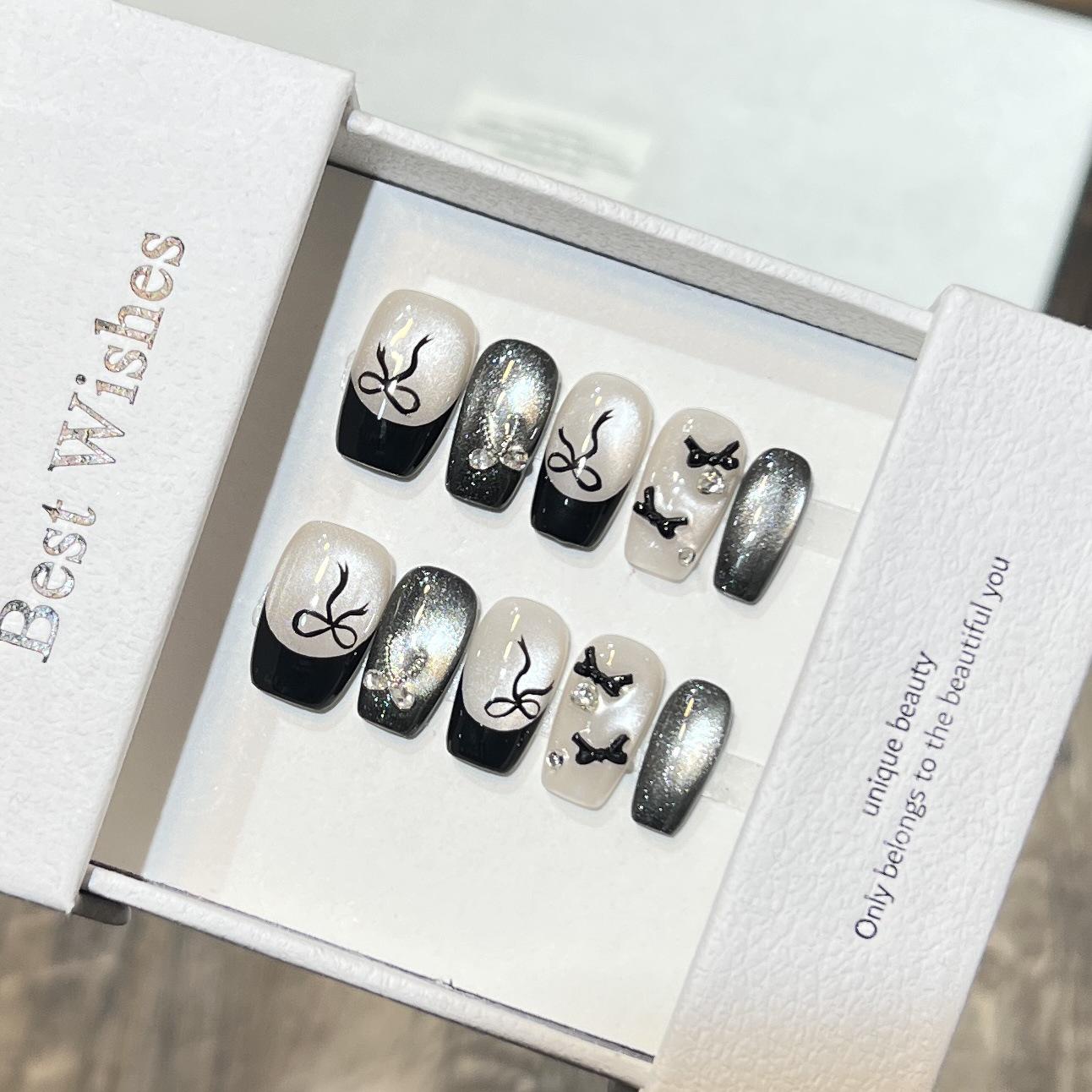 

Dairison Velvet Cat Eye Black French Bow Nails with Removable Zircon Diamond Accents Extra Small