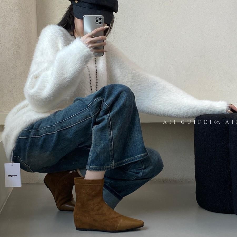 French splicing square head thick heel short boots women's 2025 autumn and winter new suede temperament medium heel thin boots socks boots women's