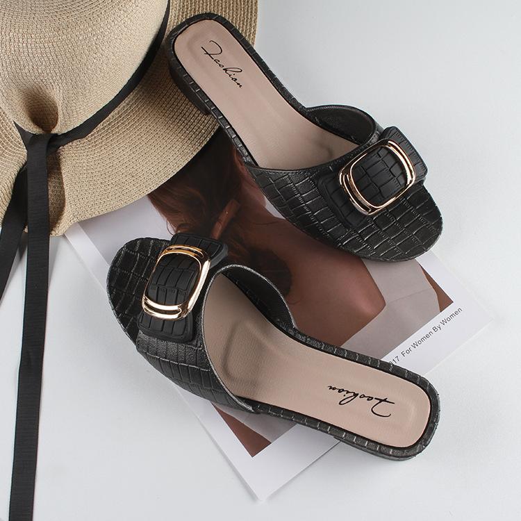 Heli Shark women's summer new thick-heeled slippers fashionable square buckle outer wear women's shoes flat daily low-heeled cool slippers