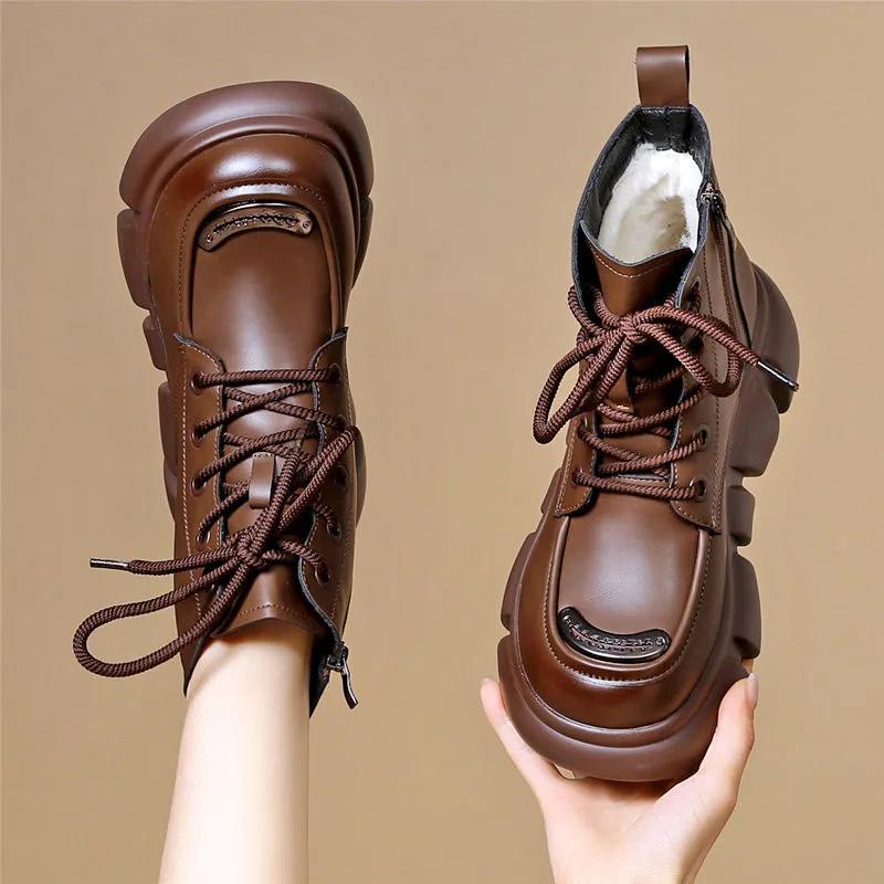 Women'S Winter New Brown Leather Plush Warm Ankle Snow Boots Platform Comfortable Anti Slip Lace Up Cold Proof Cotton Shoes