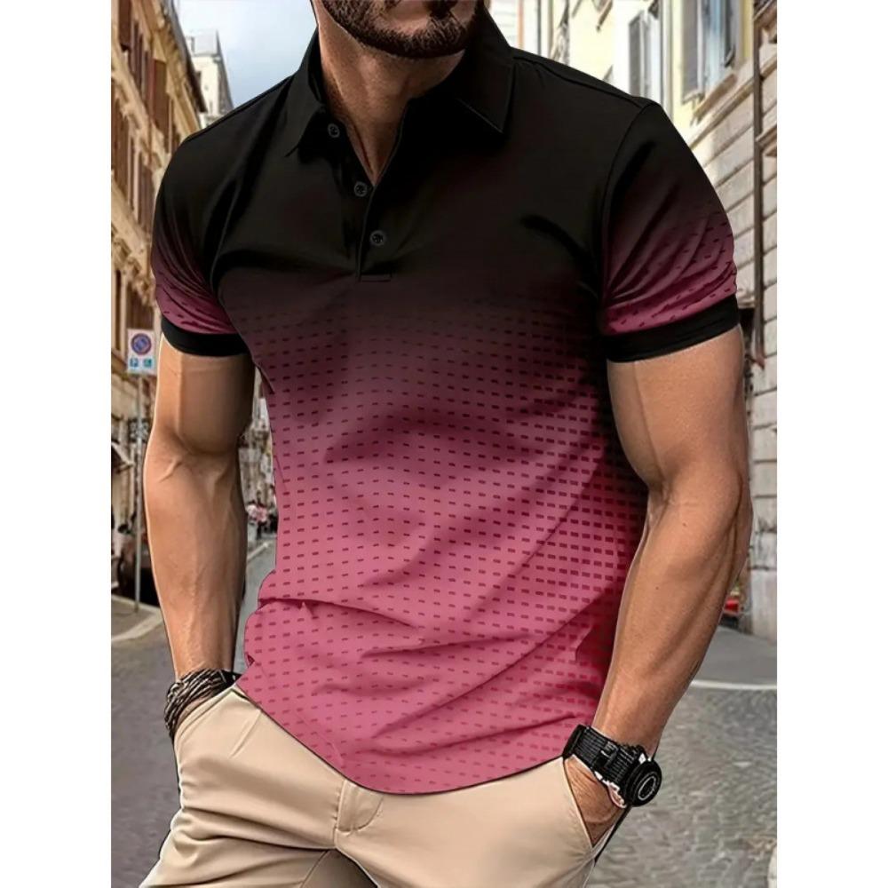 Summer Color Blocked Gradient Top, European and American Daily Casual Lapel Short Sleeved Polo Shirt for Men