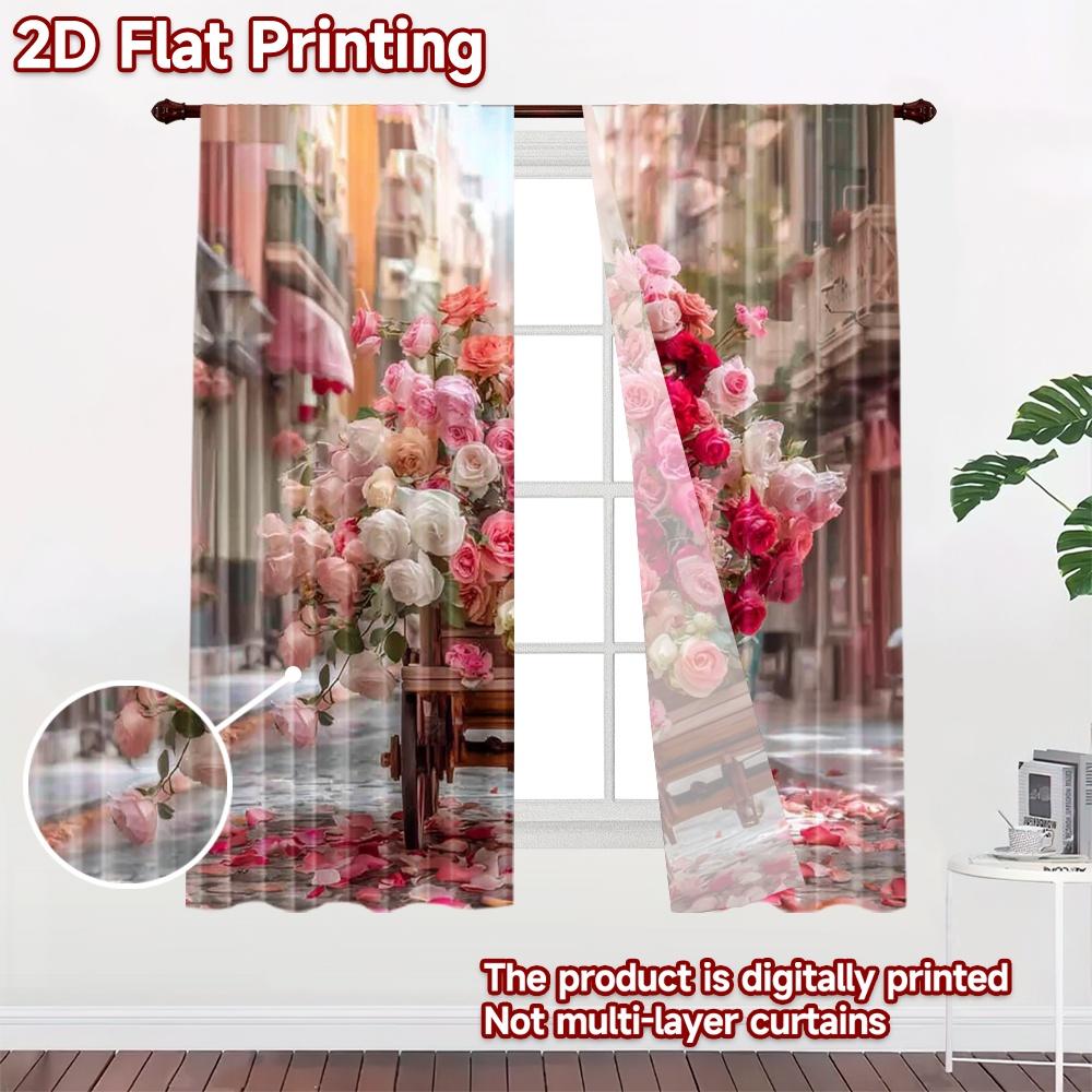 2D flat printing 2pcs Curtain Drapes Valentine's Roses Cart Digital Printed Polyester Drapes Seasonal Party & Holiday Decor Use