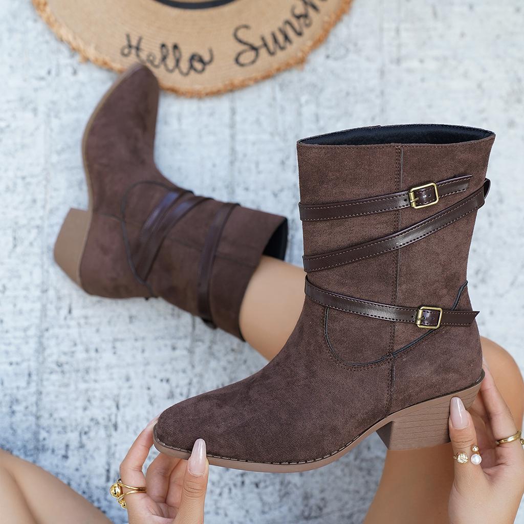 Women Mid-Calf Boots Autumn Winter Round Toe Flat Shoes Women Belt Buckle Anti Slip Comfort Boots Fashion Plus Size Ankle Boots