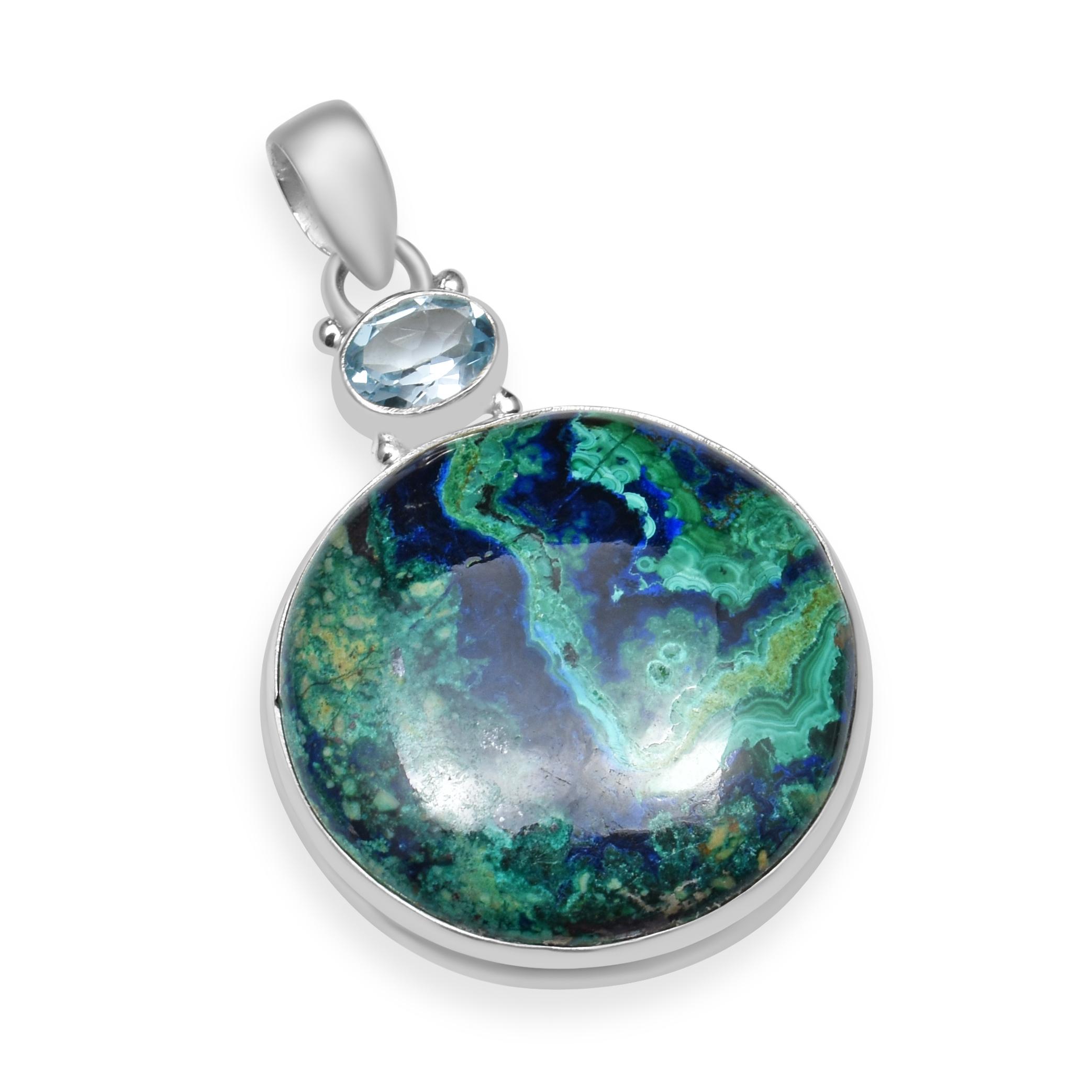 

Натуральный азурит с крошечным голубым топазом, драгоценный камень, стерлинговое серебро 925 пробы, кулон ручной работы круглой формы для женщин и девочек