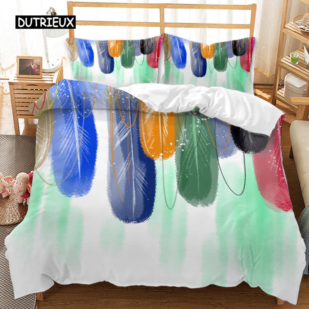 Feather Duvet Cover Vaned Types and Natal Contour Flight Bird Feathers Animal Skin Element Print King Size Polyester Qulit Cover
