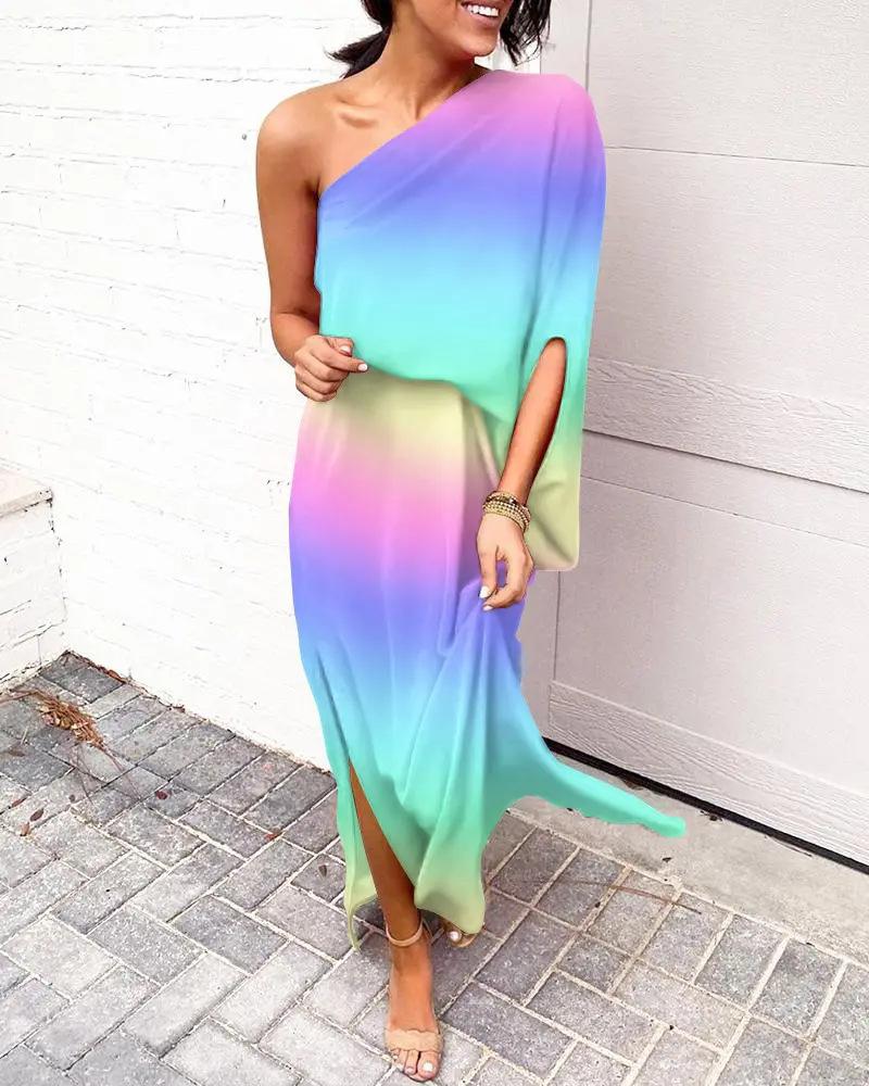 

Summer Sexy Slant Shoulder Unilateral Sleeve Printed Dress Women s Clothing S