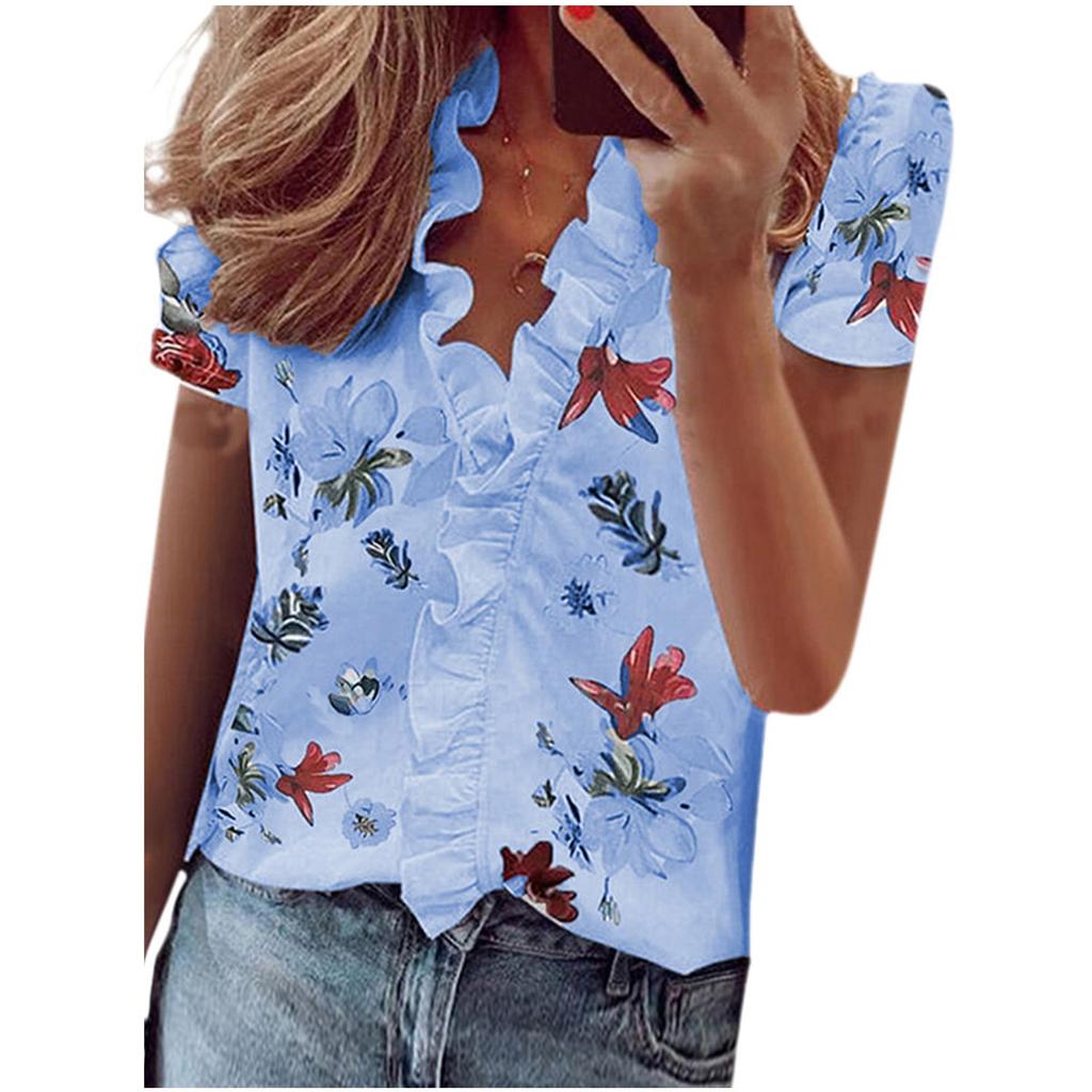 Womens V Neck Ruffle Star Printed Short Sleeve T Shirt Ladies Blouse Shirts Tops