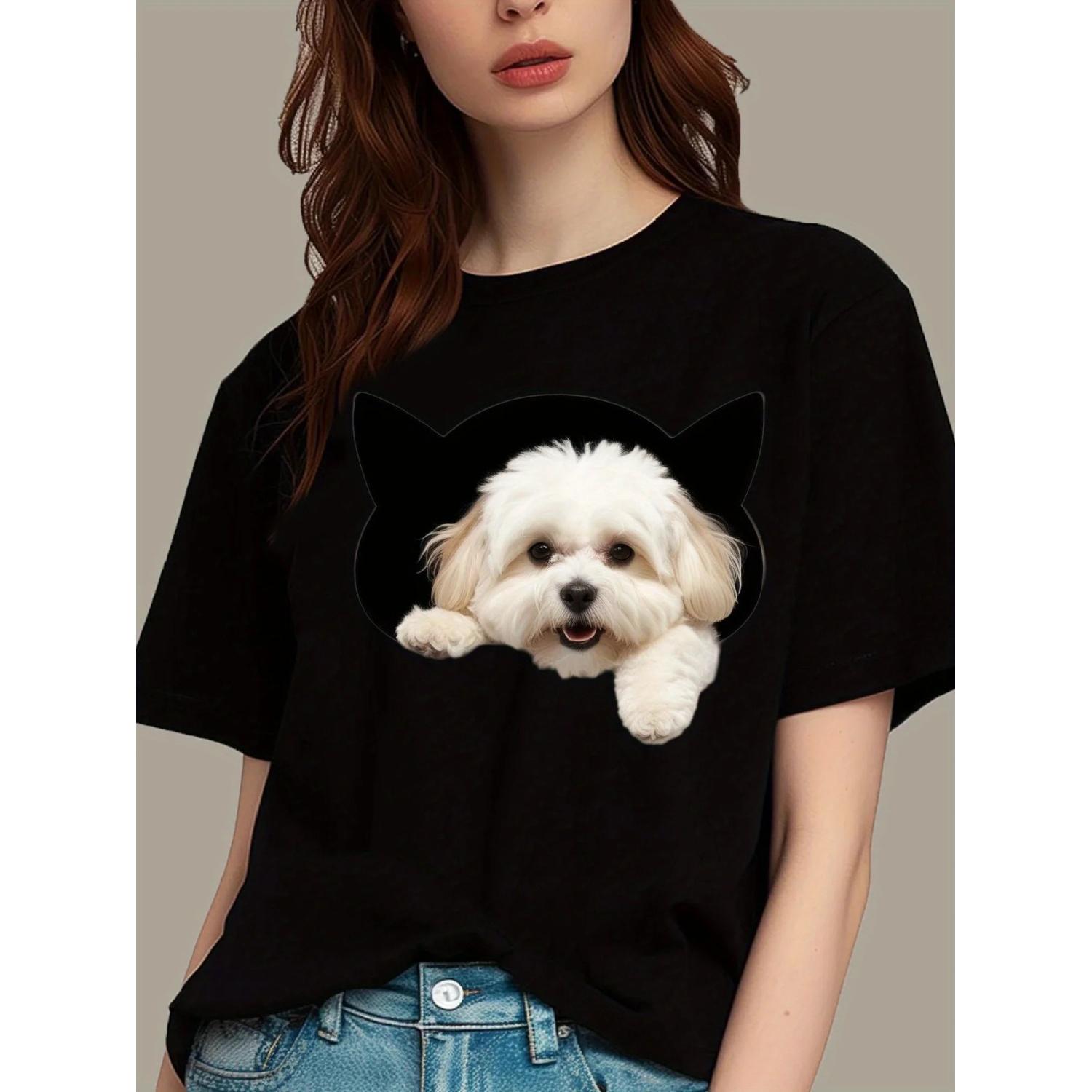 

Cute dog print short-sleeved T-shirt casual and versatile style suitable for women s summer outings and daily wear S чёрный