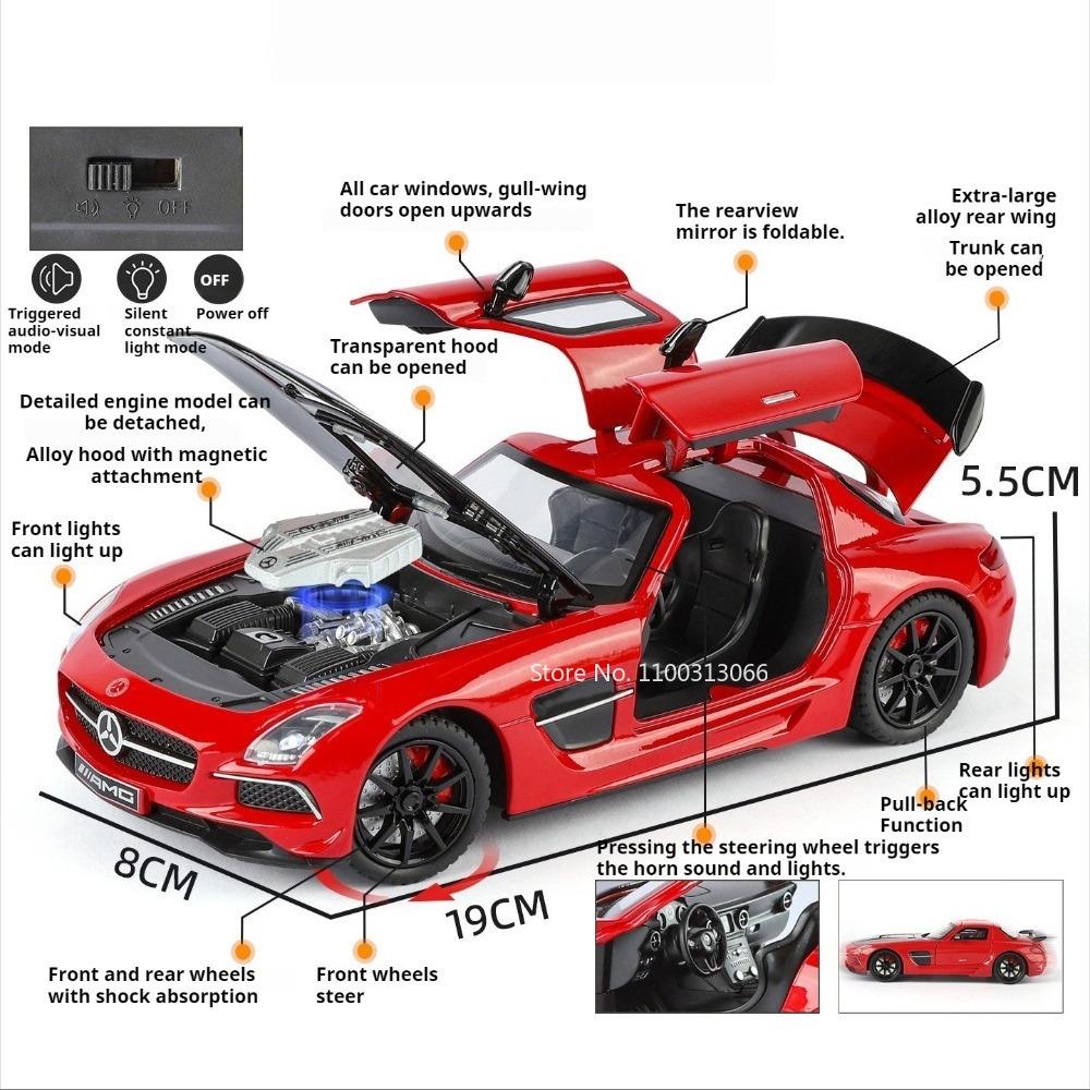 1:24 Scale Tourbillon SLS Toy Cars Models Alloy Diecast with Light Music Pull Back Miniature Sports Car Boys Educational Toys