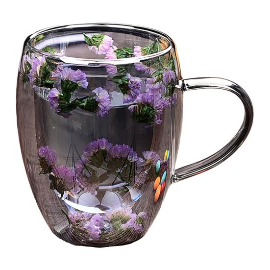 Double Wall Glass Coffee Mug with Handle High Borosilicate Heat Resistant Cup Colorful Petal Design Hot