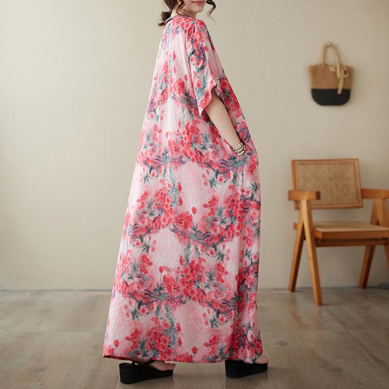 DIMANAF 2024 Plus Size Dress Women Summer V-Neck Sundress Bohemian Floral Print Loose Big Oversize Maxi Dress 9044