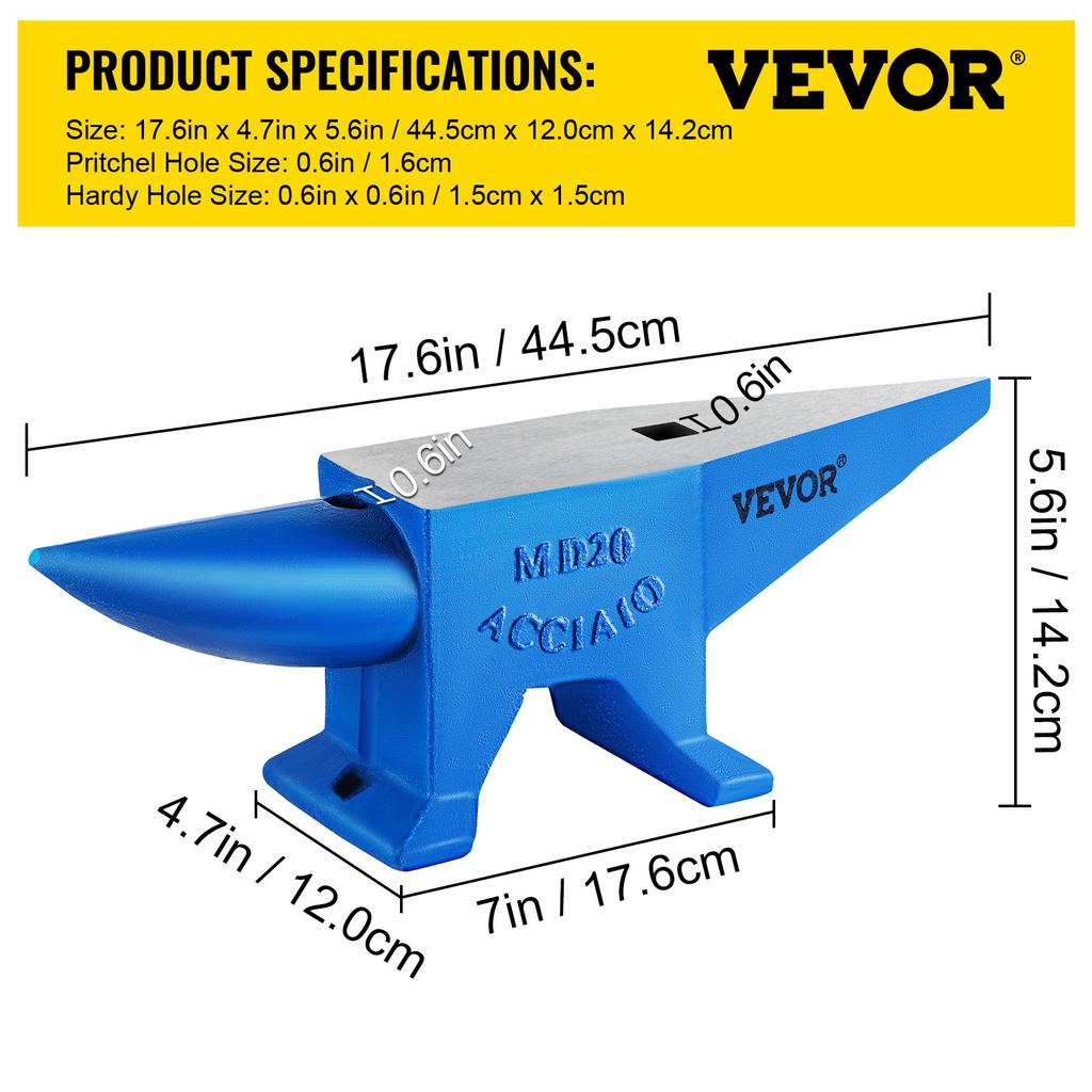 VEVOR Single Horn Anvil 20 Kg Steel Anvil Blacksmith for Sale Forge Tools and Equipment Anvil Rugged Round and Square Hole Horn Anvil Blacksmith
