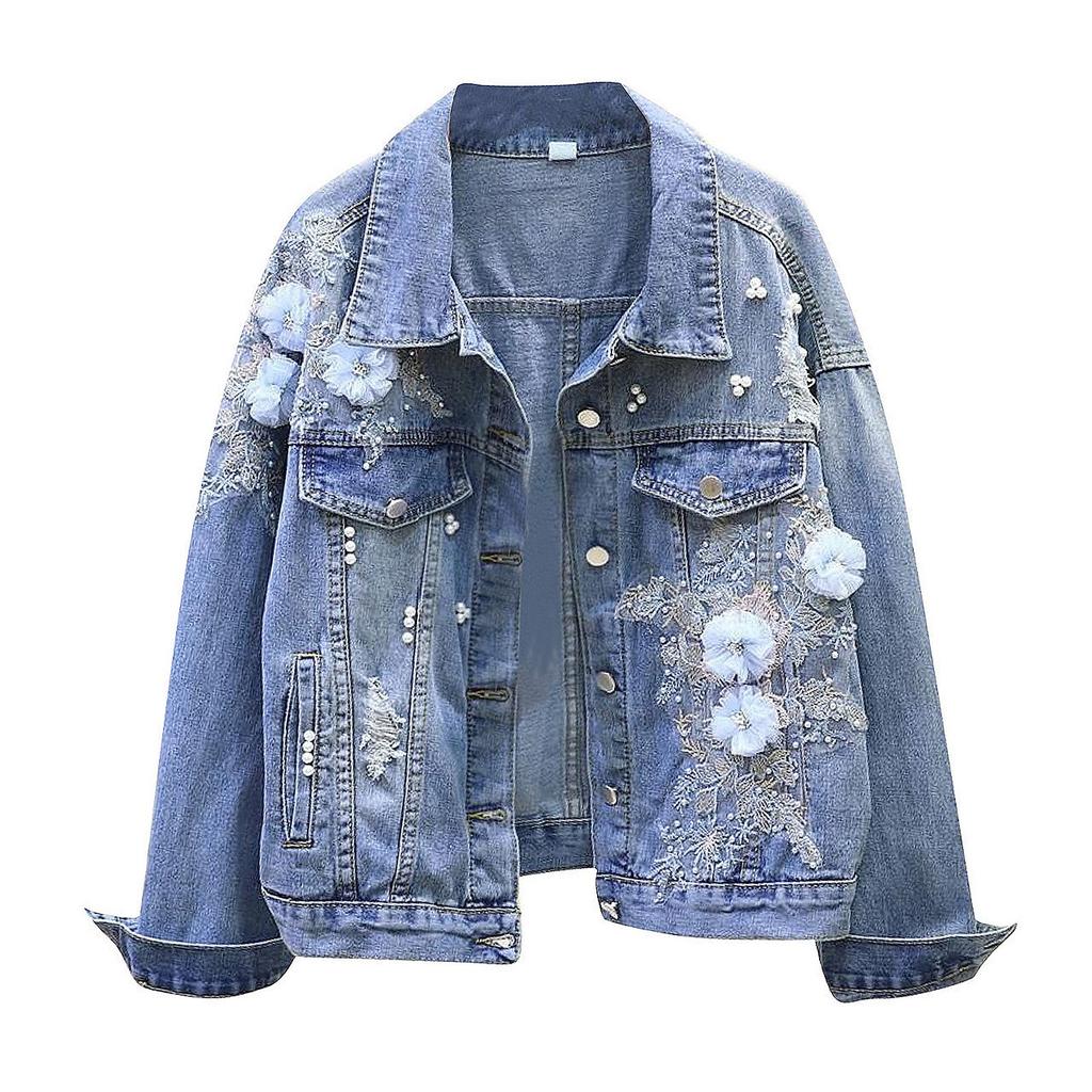 Denim Short Jacket For Women, Loose Jacket With Embroidered Three-dimensional Flowers And Holes
