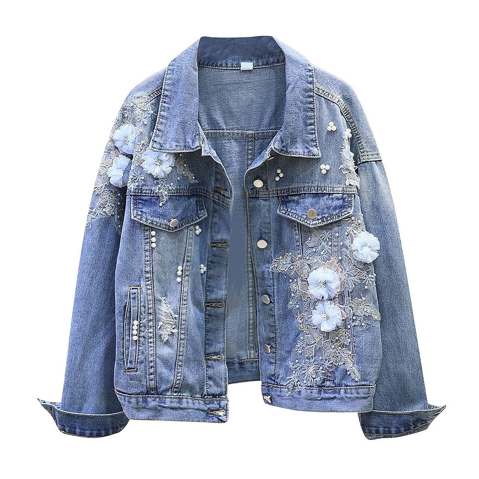 

Джинсовая короткая куртка для женщин, свободная куртка с вышитыми объемными цветами и отверстиями XXL синий