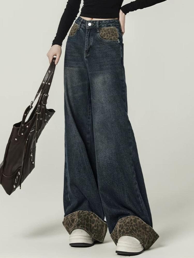 Design Sense Retro Stitching Leopard Print Rolled Jeans Women's Mop Pants Autumn and Winter New Loose Wide-leg Pants Ins