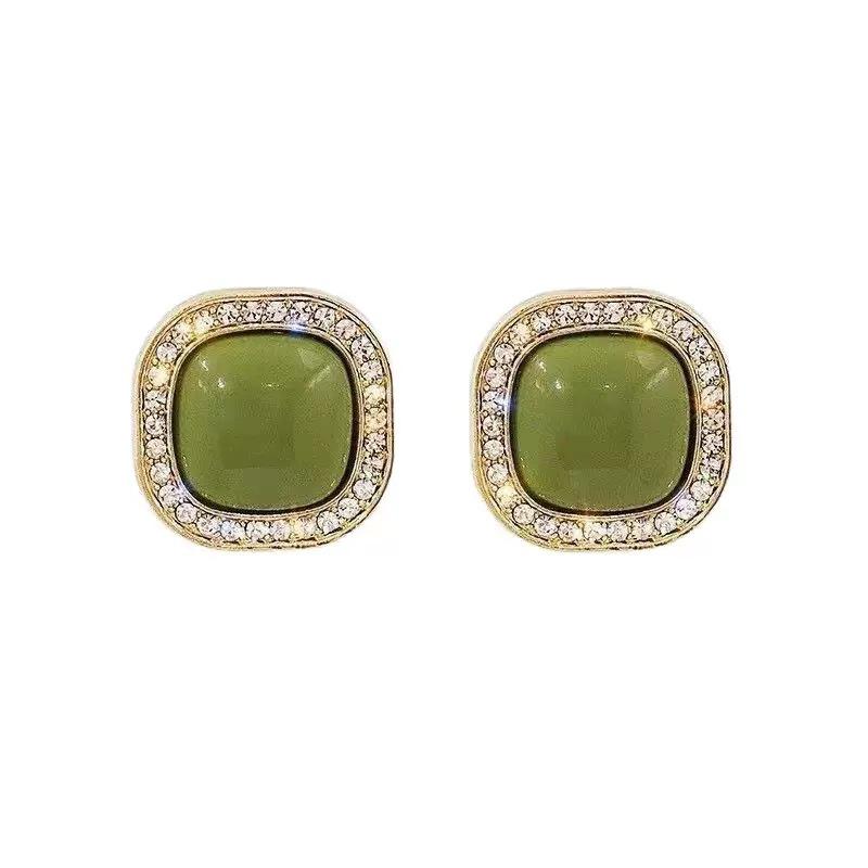 Avocado green geometric flash diamond square stud earrings femininity French retro high-end earrings niche simple earrings