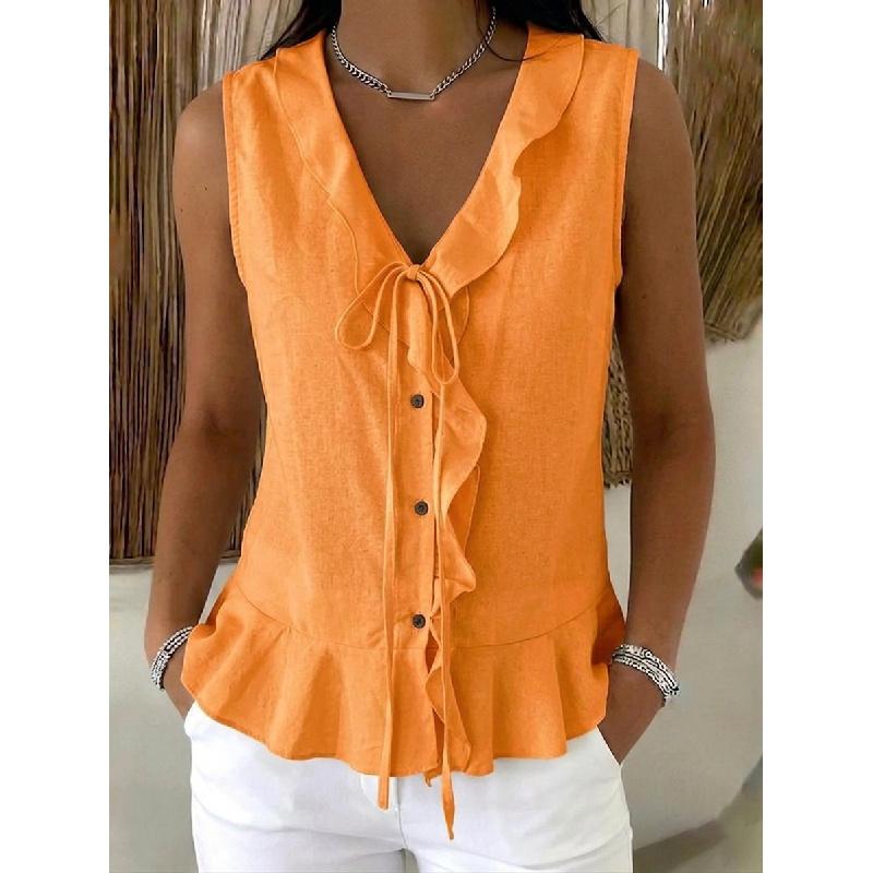 2026 Summer New V-neck Ruffle Trim Tie Sleeveless Top Women's Casual T-shirt