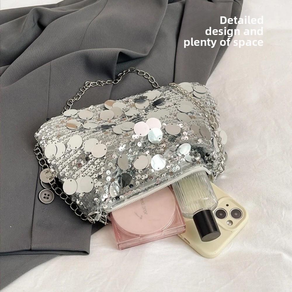 Casual Sequin Shoulder Bag Lightweight Solid Color Chain Crossbody Bag Large Capacity Female Handbag For Evening Party