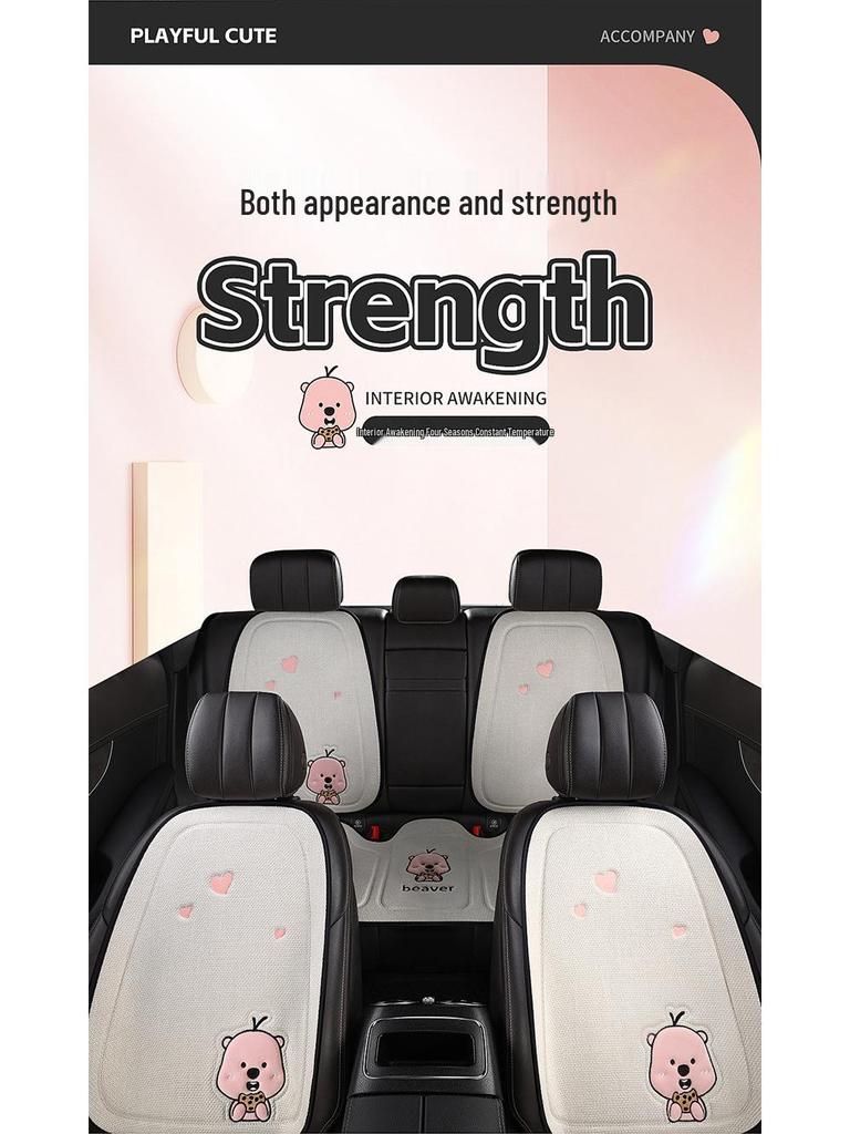 Beaver Cartoon Cotton Linen Car Seat Cushion for Hyundai Festa, Elantra, Tucson - All-Season Use.