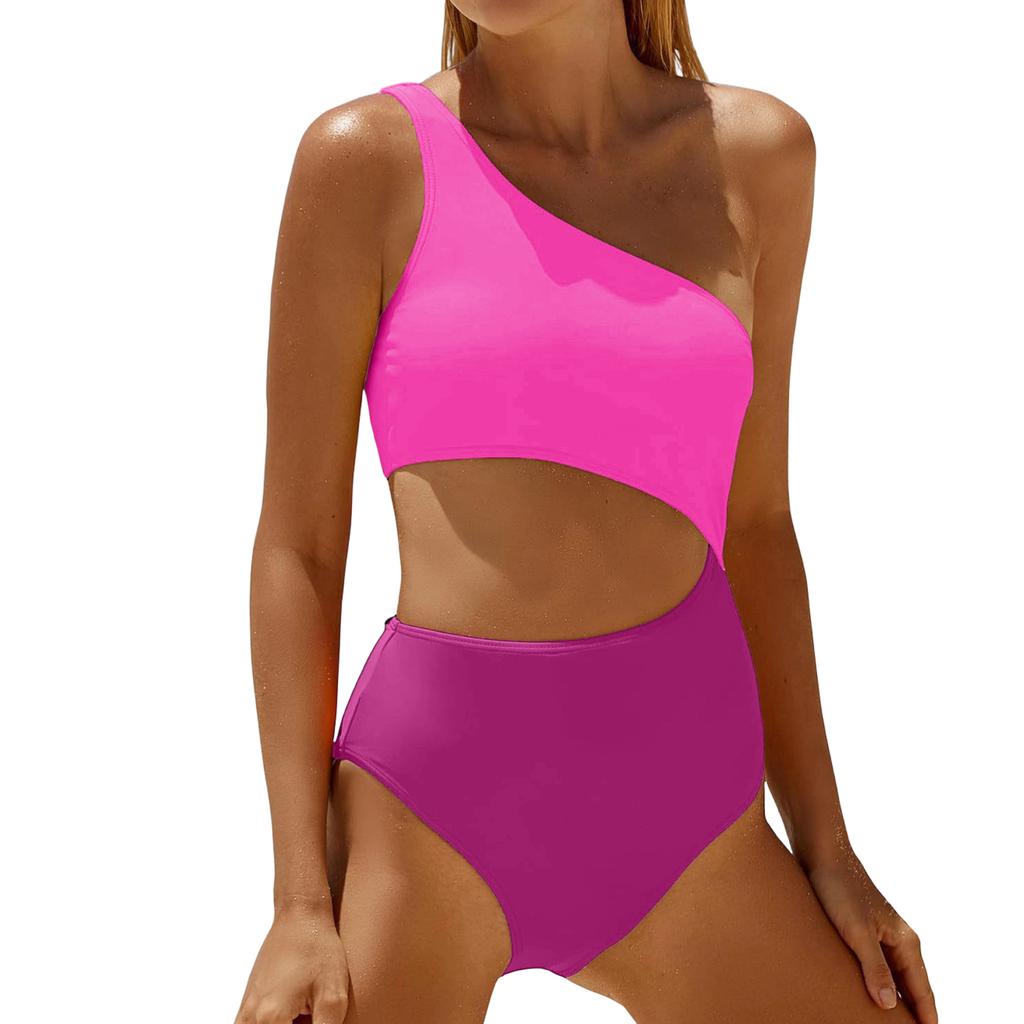 Women's Fashion Color Block One-Shoulder One-Piece Swimsuit