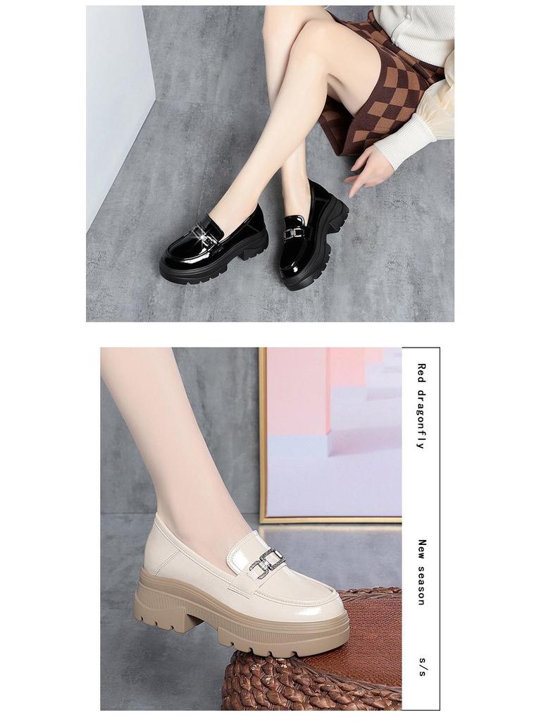2023 Damen Loafer mit dicker Sohle: Weiches Leder, Klobige Absätze, Britischer Stil, Frühling/Herbst, Weiß