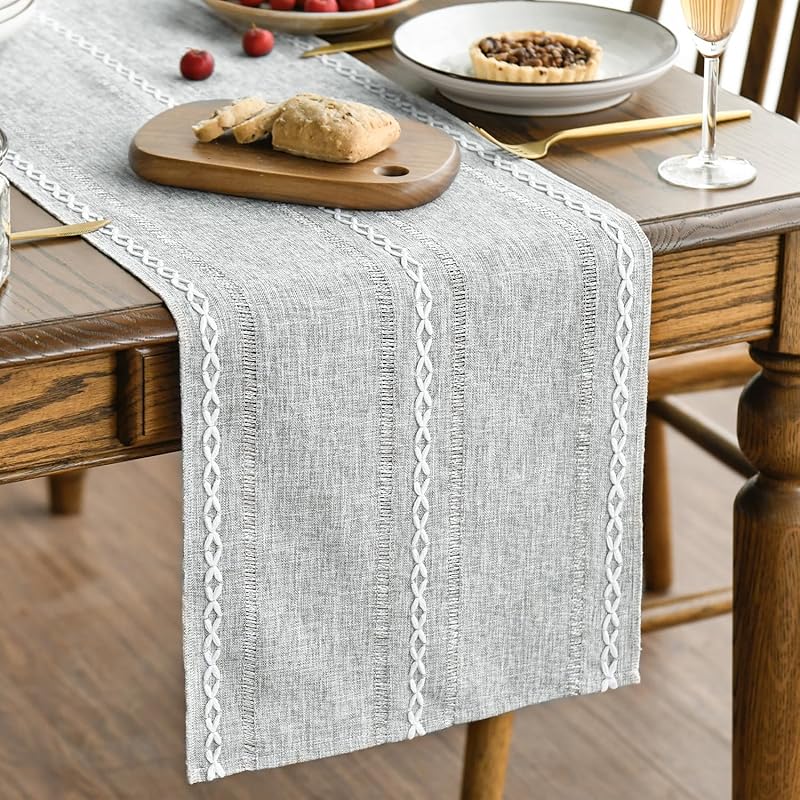Artoid Mode Sage Green Rustic Cotton Linen Table Runner, Seasonal Embroidered Hollow Kitchen Dining Table Decoration for Home Party Decor 13x72 Inch