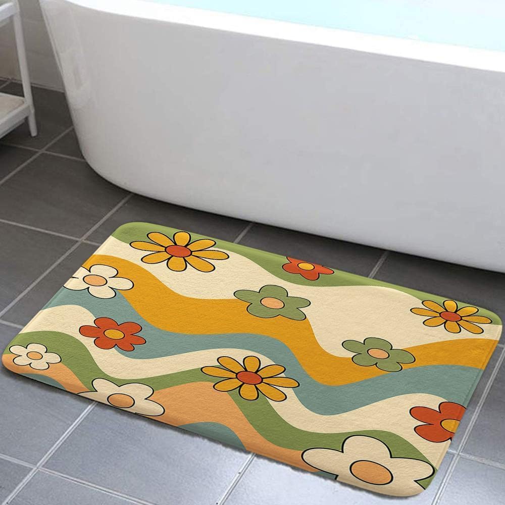 Retro Boheemse Abstracte Golf Badkamertapijt Roze Oranje Kleurovergang Antislipmat Spiraalvormige Krul Psychedelisch Meisjeshart Douchemat