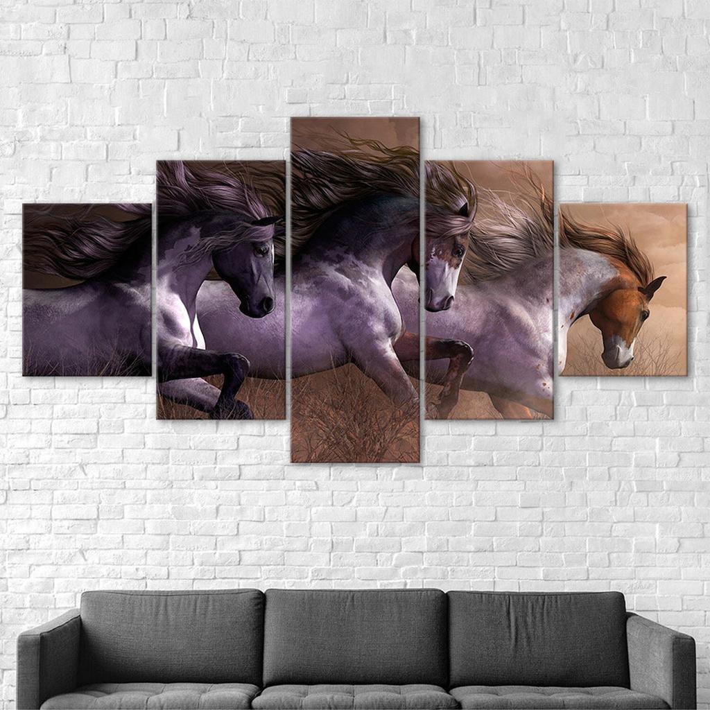 Wild Horse Race Painting Scene 5 Piece Five Panel Wall Canvas Print Modern Art Poster Picture Home Decor Gift For Him For Her