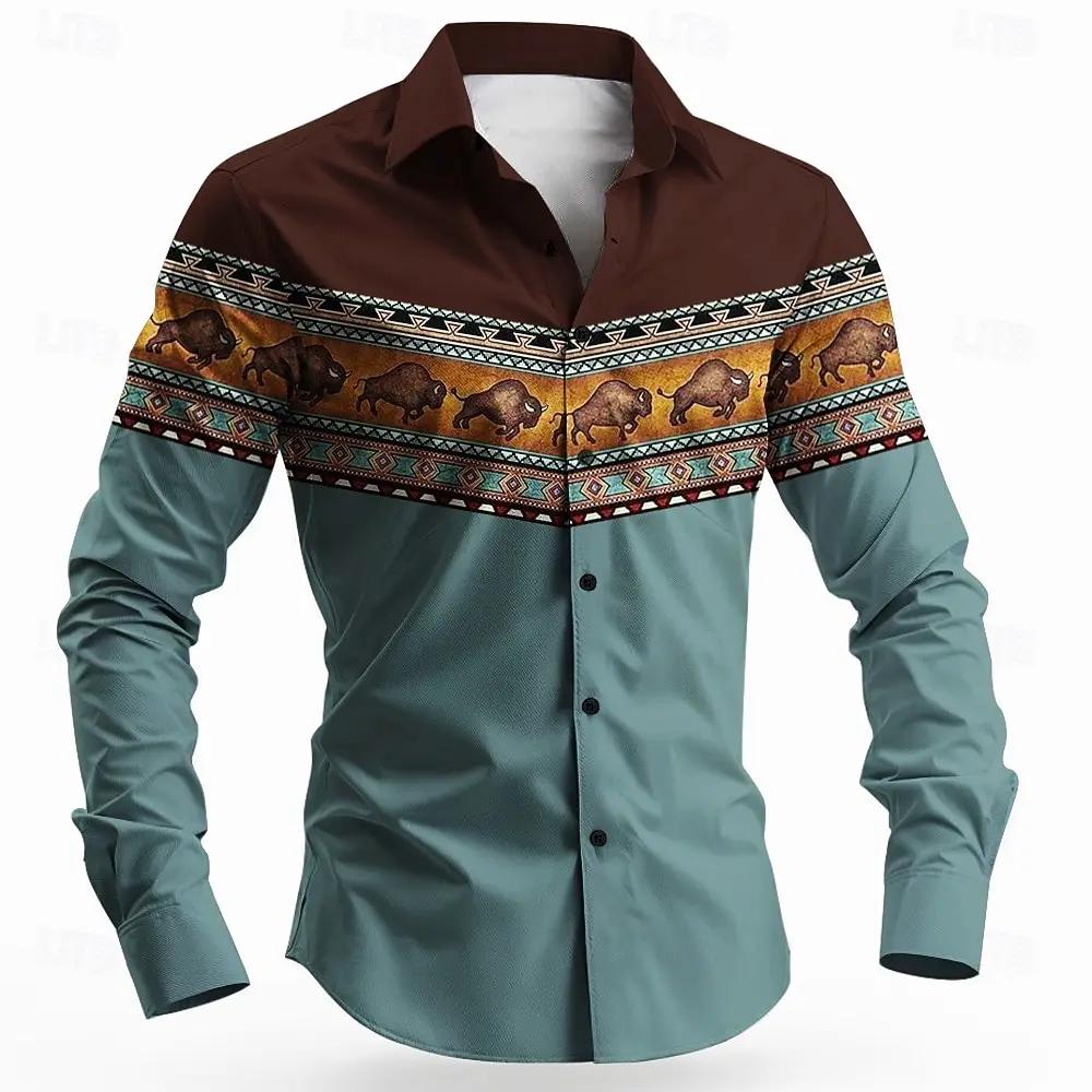 Western Tribal Pattern Long Sleeve Shirt, Stylish Buffalo Design
