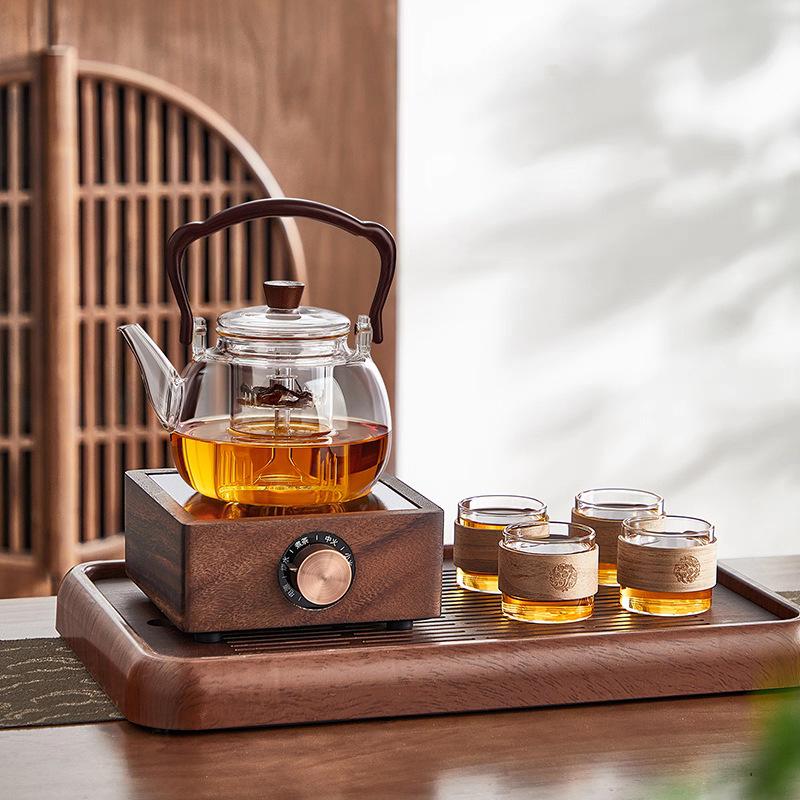 Walnut Wood Electric Ceramic Tea Brewing Set - Glass Kettle and Heat-Resistant Stove