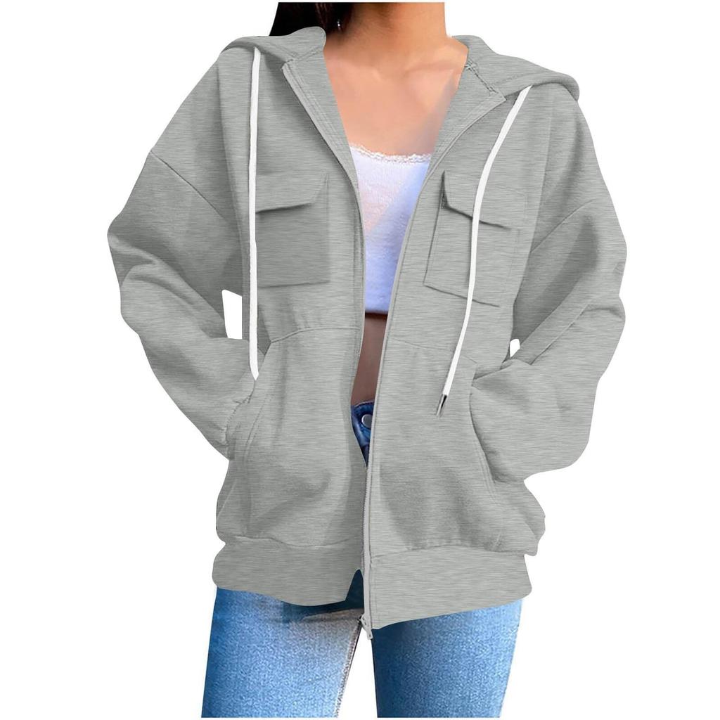 Women's Plain Zip-Up Hoodie - Oversized Long Sleeve Hooded Sweatshirt for Street Casual Wear