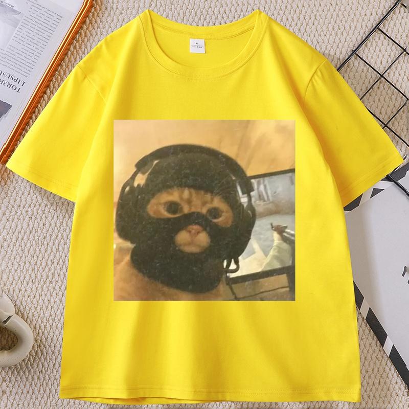 Vintage Funny Gamer Cat T Shirt Tactical Kitty Joke Tee Cool Cat Short Sleeve Round Neck Tshirt Streetwear Loose Clothes Tops