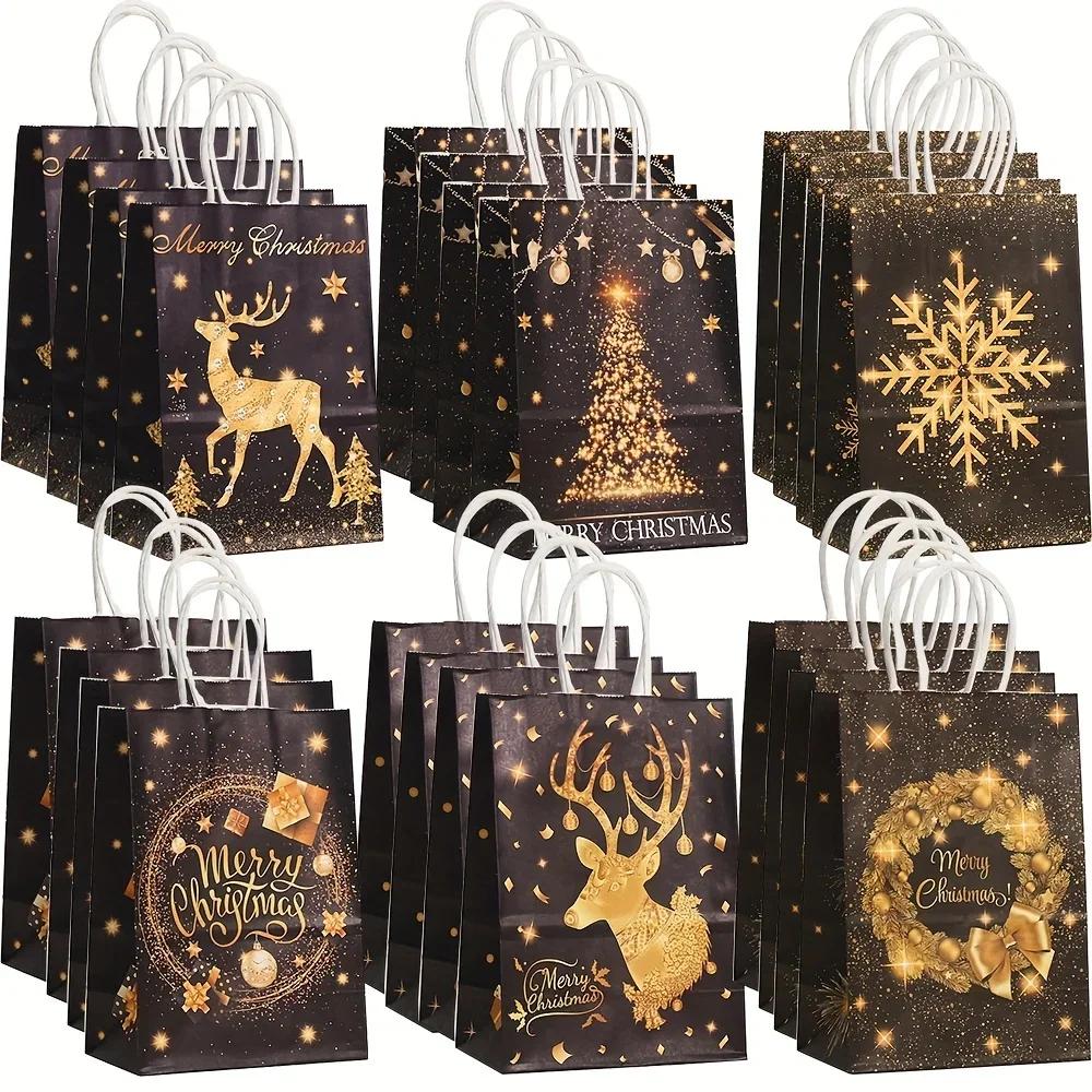 6/12Pcs Gold Black Kraft Gift Bags with Handle Elk Snowflake Christmas Tree Bronzing Paper Bag Merry Christmas Party Favors Bag