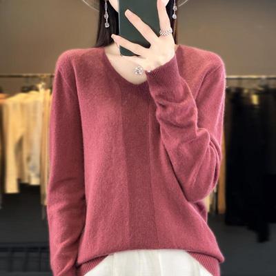 Damenmode Lässiger Einfarbiger Druck Herbst Winter Langarm V-Ausschnitt Lose Pullover