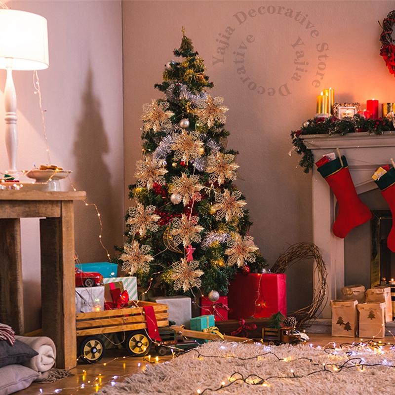 10 Stück 11/16cm Weihnachtsdekoration Glitzerblumen Weihnachtsbaumanhänger für Heimdekor Weihnachten Navidad Neujahr 2026 Ornamente