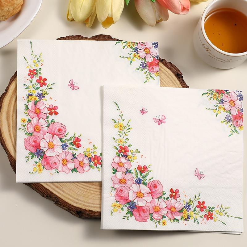20pcs/pack Flower Paper Napkins Cocktail Wedding Birthday Party Decoration 2-Ply Square Dinner Napkin