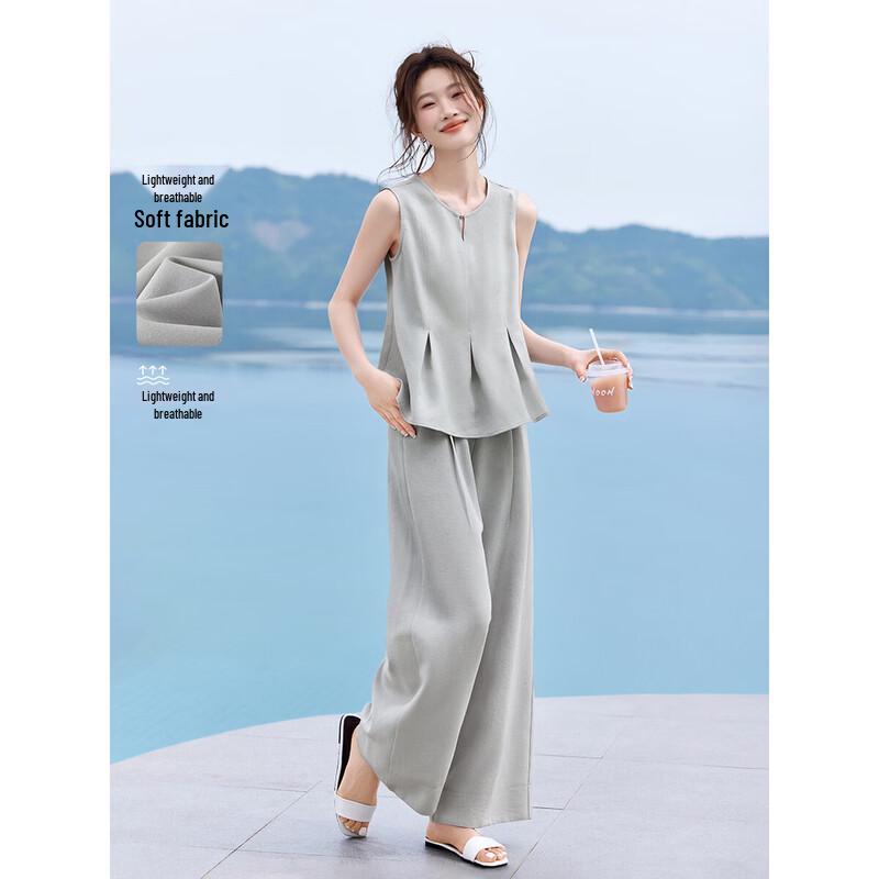 Mohanyimei Women s Smart Structure Pleated Sleeveless Top & Wide-Leg Pants Set серо голубой