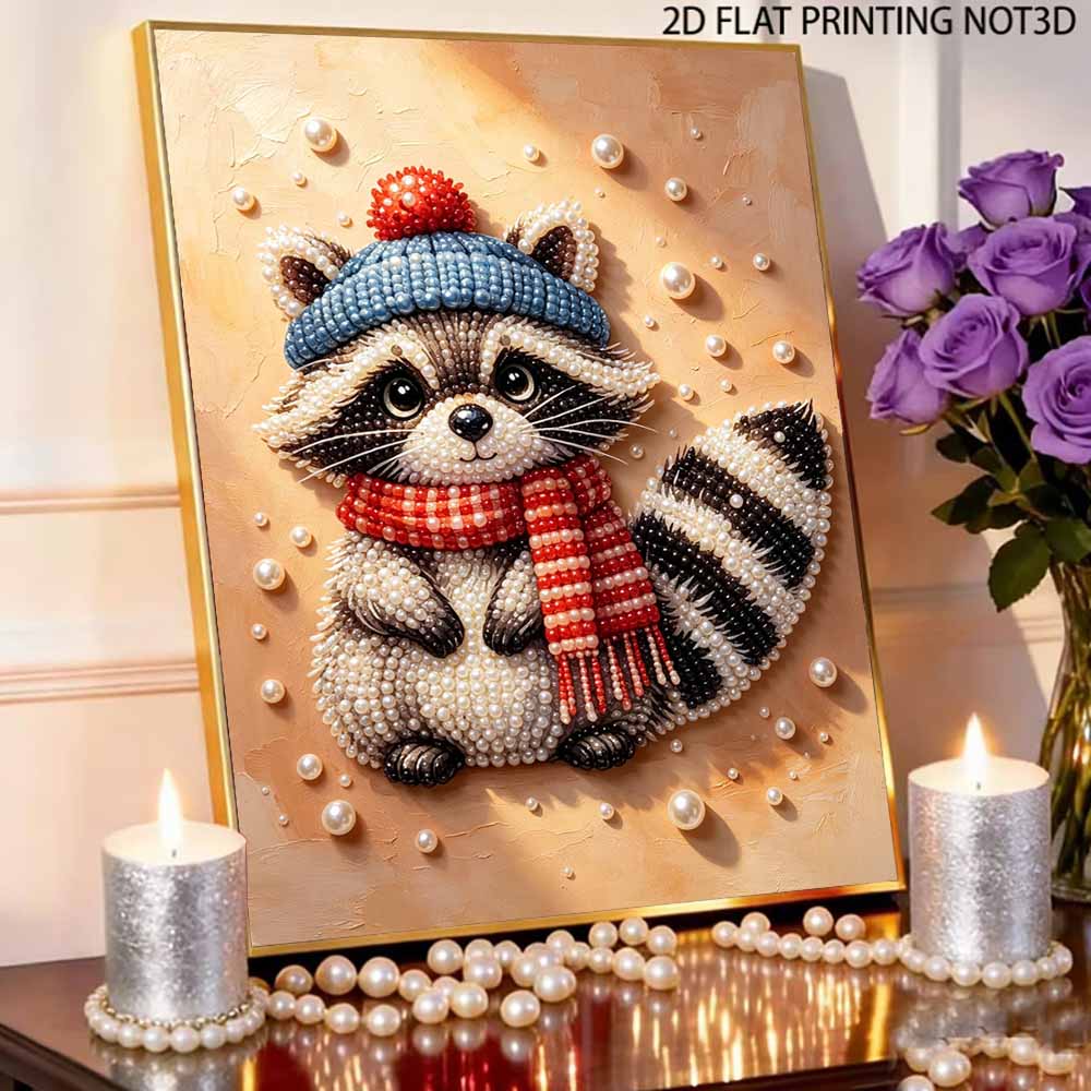 DIY Pearl Bead Painting Kit Cute Raccoon Winter Hat Scarf Stress Relief Craft Frameless 3D Canvas Art for Adults Home Decoration Gift