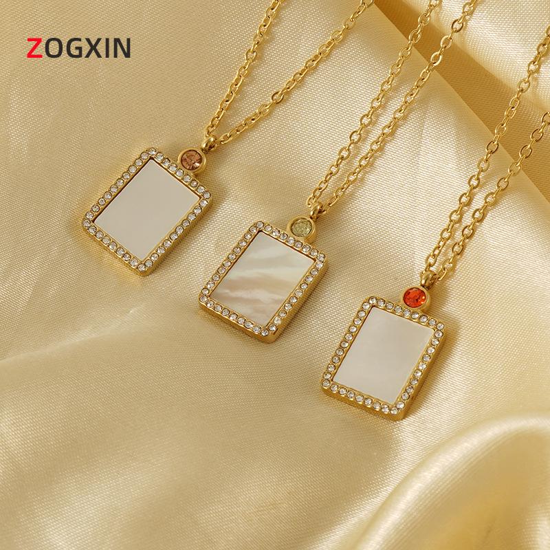 18K Titanium Steel Birthstone Pendant Necklace with Square Shell Design for Women