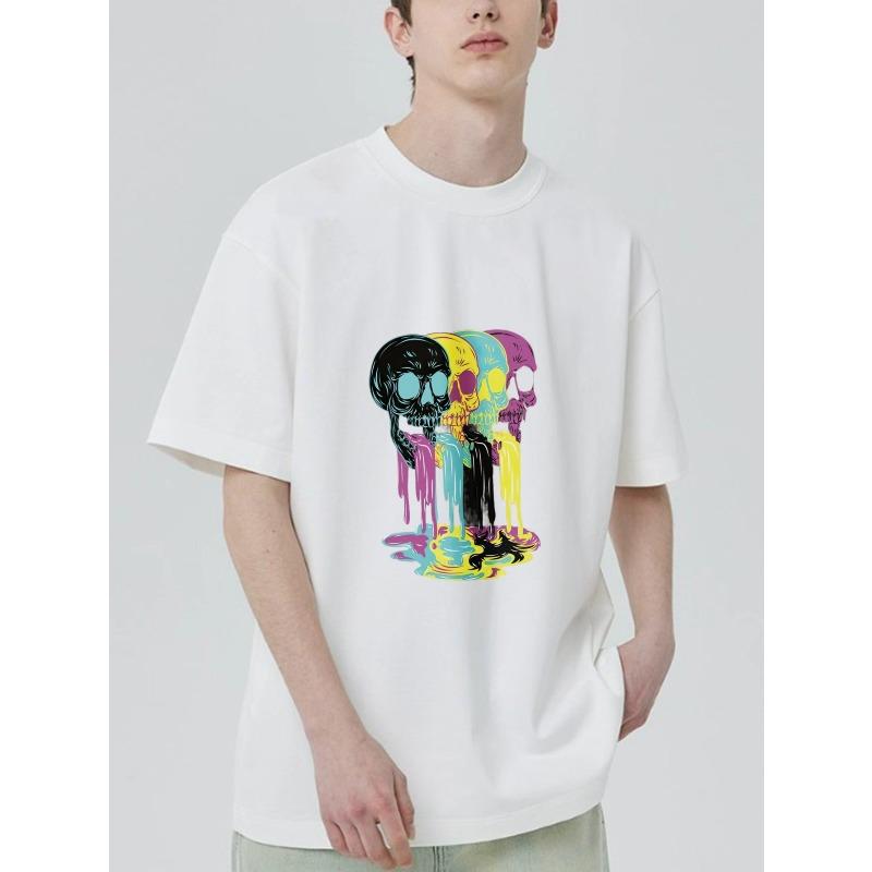 Black T Shirt with Colorful Skulls Dripping Paint Design for Casual Wear