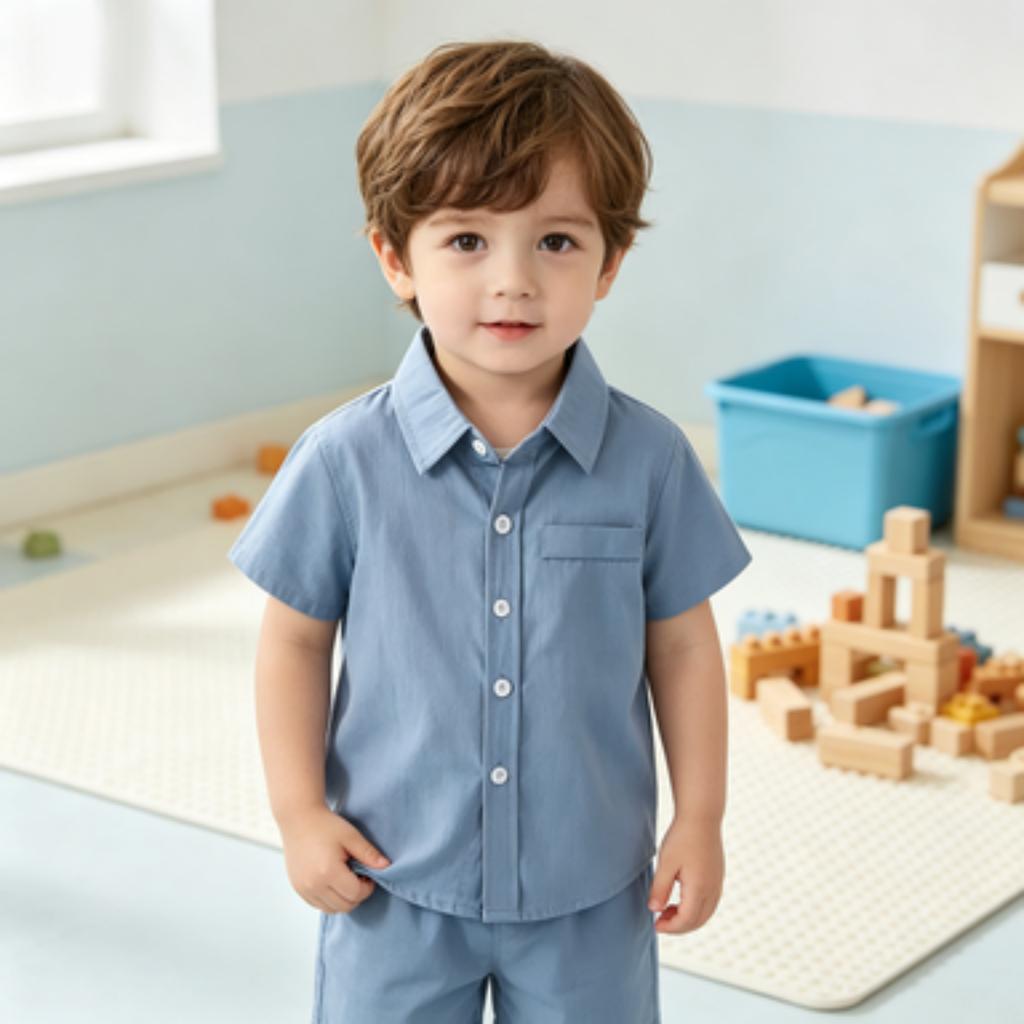 Boys' Cotton Short Sleeve Shirt Color Collared Casual Top for Everyday Outfits