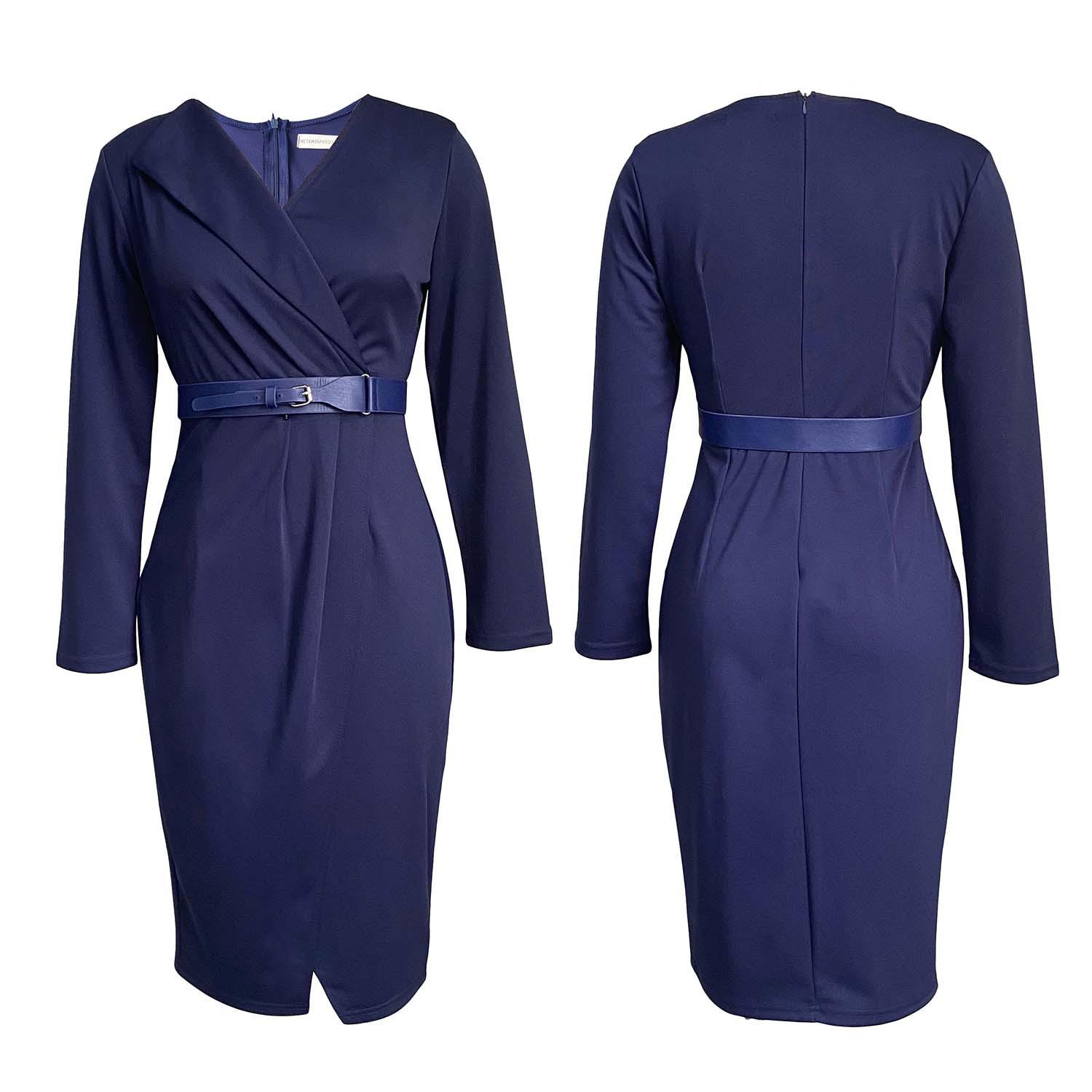 

Жіноча весняно-осінь модна сукня з довгими рукавами великого розміру. Жіноча суцільна суцільна сукня з поясом XXXL ультрамарин синій колір