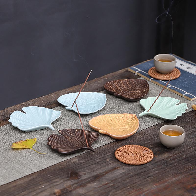 Ceramic Ginkgo & Bodhi Leaf Incense Holder - Creative Home Decor Ornament