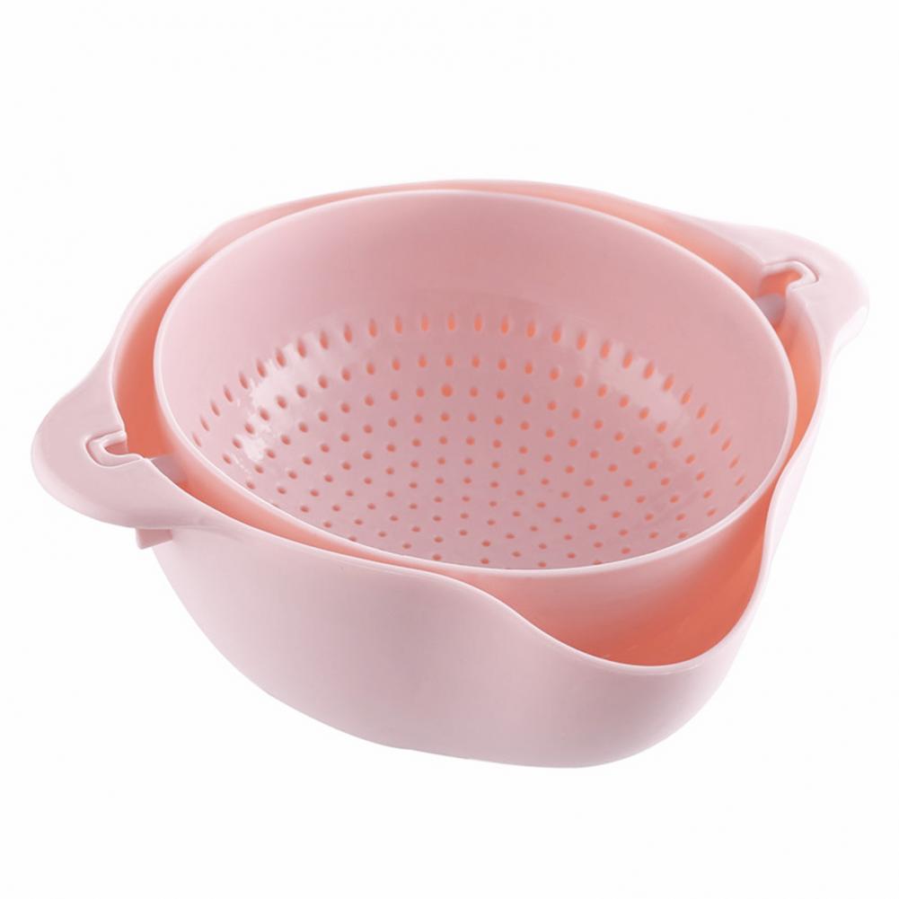 Double-layer Rotatable Draining Basket Draining Basin Kitchen Washing Vegetable Fruit Basin Washing Fruit Basket Draining Pink